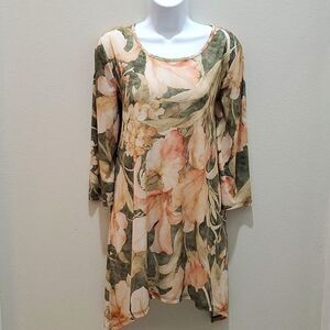 LBISSE TUNIC, Sz L, FLORAL BEIGE/OLIVE/PEACH, 3/4 SLEEVE, SCOOP NECK